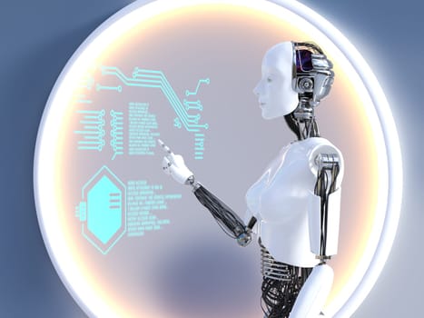 3D rendering of a female robot working on a transparent digital touch computer screen that floats in the air. Futuristic concept.