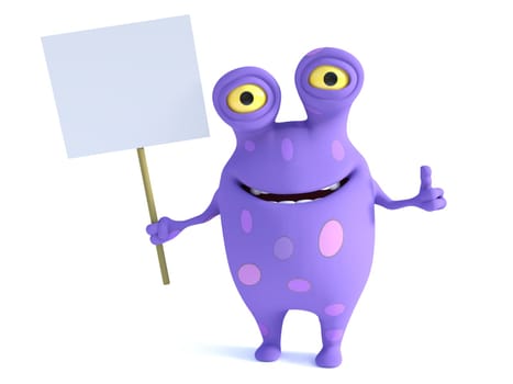 A cute charming cartoon monster holding a blank sign in his hand and doing a thumbs up, looking very happy with a big smile. The monster is purple with big spots. White background.
