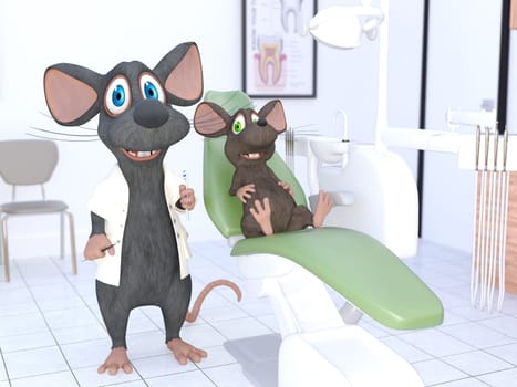 3D rendering of a cute smiling cartoon mouse dressed as a dentist, holding a toothbrush and dentist tools in his hand. A patient is in the chair at the dentist office.