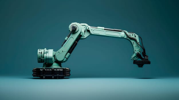 A futuristic robotic arm that is placed on a grey background. Mechanical hand. Industrial robot manipulator. Modern industrial technology. AI generated