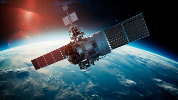 Space satellite over the planet Earth. AI generated