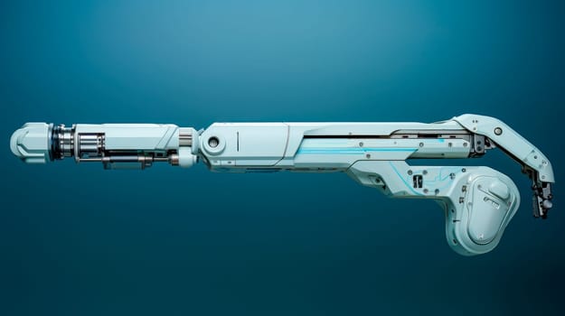 A futuristic robotic arm on a blue background. Mechanical hand. Industrial robot manipulator. Modern industrial technology. AI generated