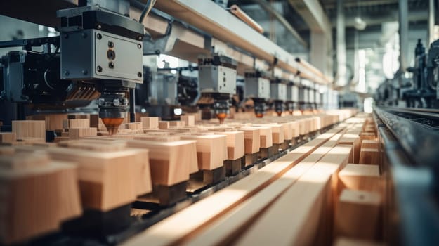 Production line of the wooden furniture factory. Automatic woodworking machines. AI generated