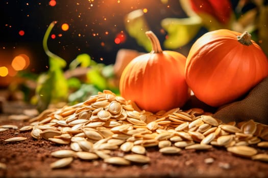 Autumnal background with pumpkins and pumpkins seeds close-up at garden. AI generated