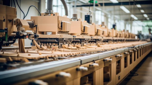 Production line of the wooden furniture factory. Automatic woodworking machines. AI generated