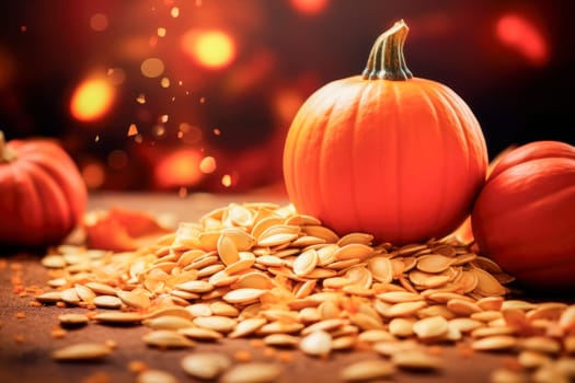 Autumnal background with pumpkins and pumpkins seeds close-up. AI generated