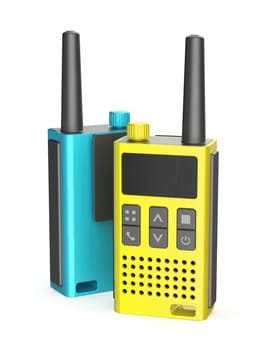 Set of two modern handheld transceivers on white background