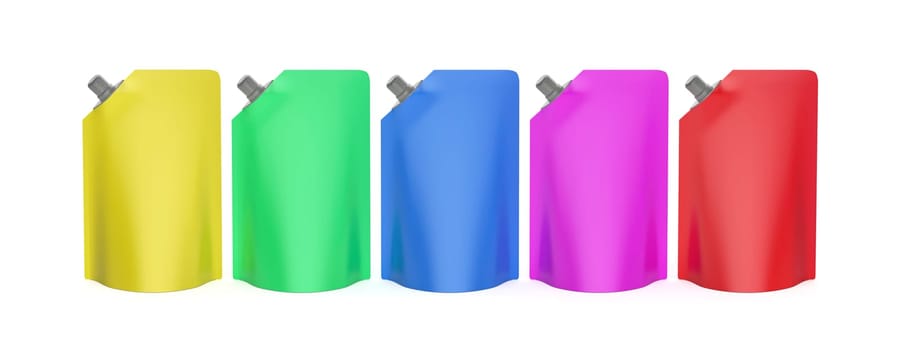 Row with five stand-up pouches with different colors, front view
