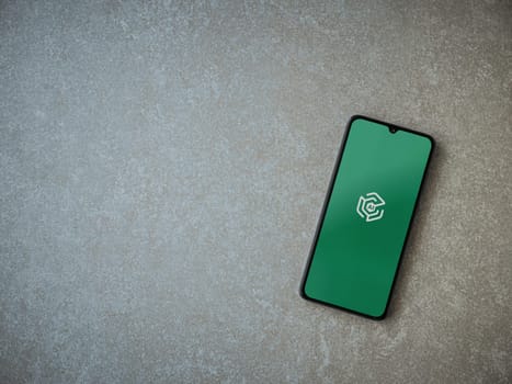 Lod, Israel - July 16,2023: Adam Ai app launch screen on smartphone on ceramic stone background. Top view flat lay with copy space.