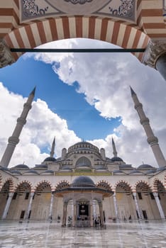 Istanbul, Turkey - September 1, 2022: Courtyard of Grand Camlia Mosque, or Buyuk Camlica Camii, a modern Islamic complex, built in 2019, with few tourists, located in Camlica hill in Uskudar district