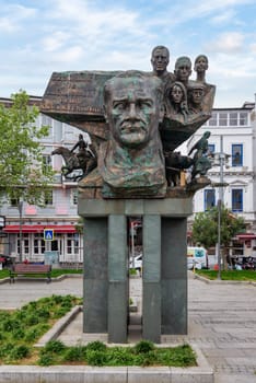 Istanbul, Turkey - May 12, 2023: Bronze statue on a tall pillar of founder of Turkish Republic, Mustafa Kemal Ataturk in Arnavutkoy