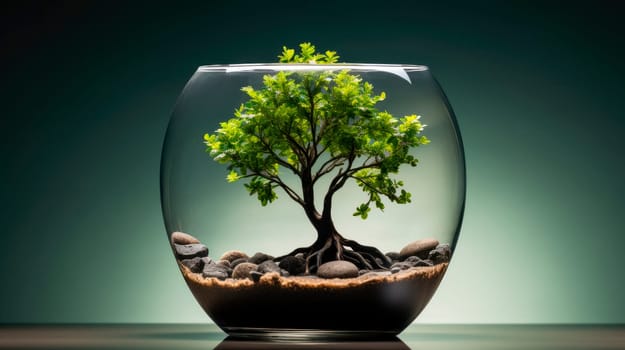 A tree growing in the soil inside a large glass bowl. Still life with bonsai  tree in the glass flowerpot.  AI generated