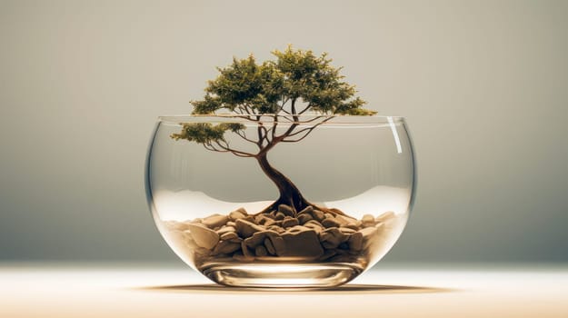 A tree growing in the soil inside a large glass bowl. Still life with bonsai  tree in the glass flowerpot.  AI generated