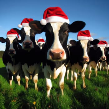 comical image of cows in the field wearing santa hat generative ai