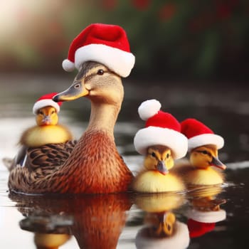 Duck and ducklings in a pond wearing Christmas Hats generative ai