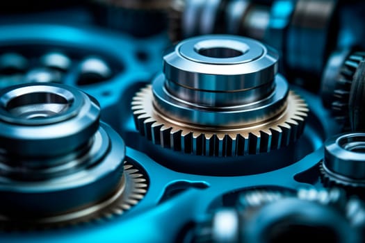 Gears industrial background with blue light. Gear metal wheels close-up view. AI generated