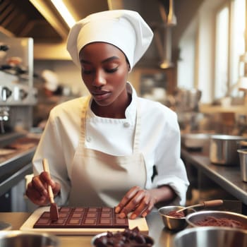 female chocolatier pastry chef working on fine chocolates in kitchen generative ai