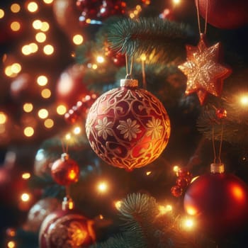 closeup of beautiful tree with lights and ornaments generative ai