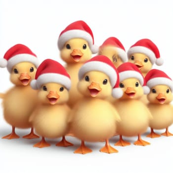 happy little ducklings with santa hats on white generative ai illustration