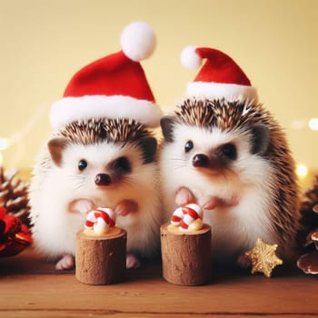 two cute little hedgehogs wearing santa hats at christmas time generative ai
