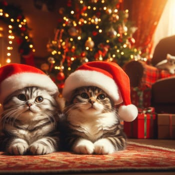 two cute kittens wearing santa hat in the gifts and presents at christmas generative ai