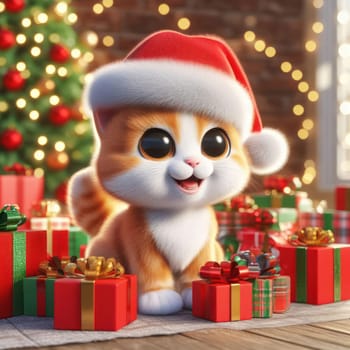 cute kitten wearing santa hat in the gifts and presents at christmas 3d art illustration generative ai