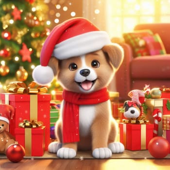 cute 3d art puppy with santa hat and gifts on christmas morning generative ai