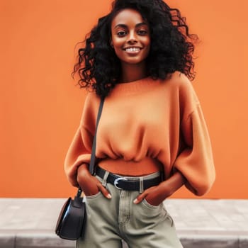contemporary portrait of a cheerful young fashionable black woman