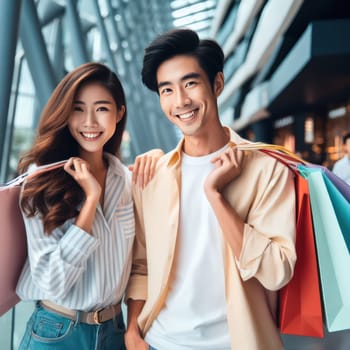 young attractive asian couple shopping together in a mall generative ai
