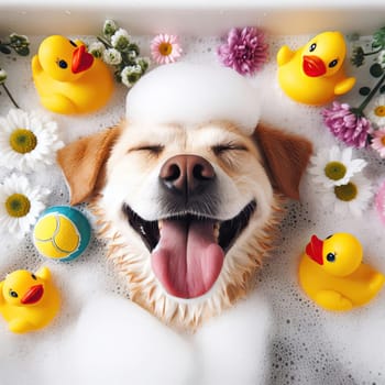very happy dog laid back and relaxing in the bubble bath generative ai