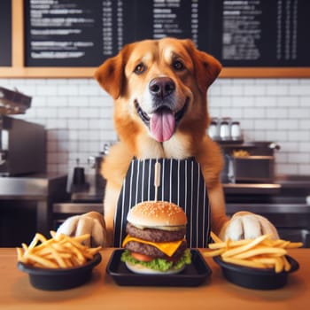 dog server in fast food restaurant gives you your burger order generative ai