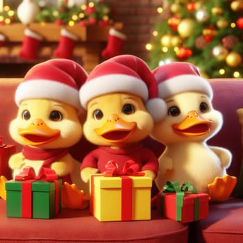 fluffy ducklings with gifts at christmas 3d art generative ai