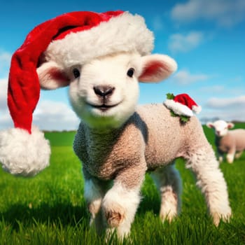 lambs in the grassy meadow wearing santa hats at christmas generative ai