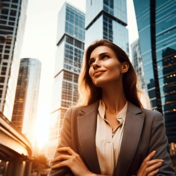 successful business woman looking at modern city buildings and planning future investments  generative ai