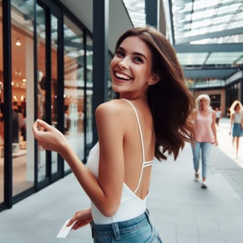 pretty young woman shopping in outside shopping mall area generative ai