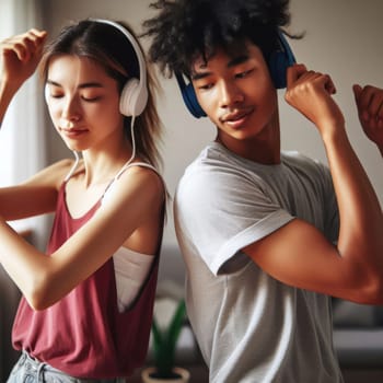 two teenagers dancing together to music with headphones at home generative ai
