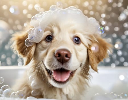 golden retreiver puppy is happy in the bubble bath generative ai