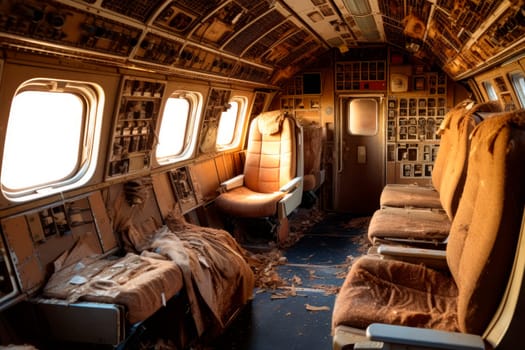 Inside of old abandoned passenger airplane. Cabin of an abandoned aircraft. AI generated