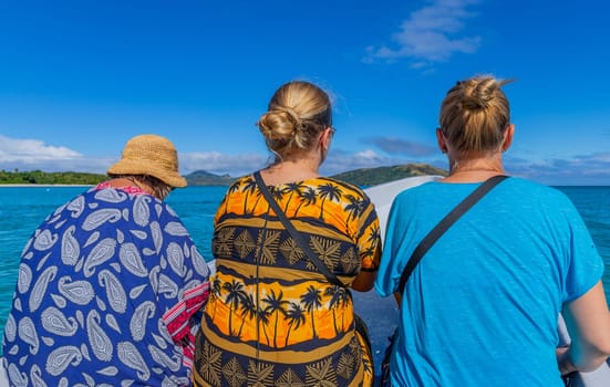 Nacula, Fiji: 26 May 2023: Tourists in a boat near Nacula island, Yasawa islands, Fiji, South Pacific Islands, Pacific