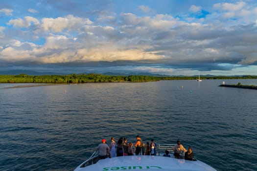 Viti Levu, Fiji: 29 May 2023: Group of tourists on a ship in the coast at Denarau port. Viti Levu. Fiji
