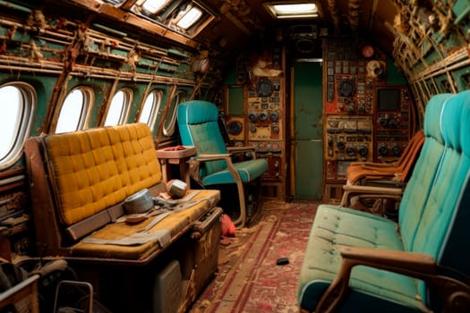 Inside of old abandoned passenger airplane. Cabin of an abandoned aircraft. AI generated