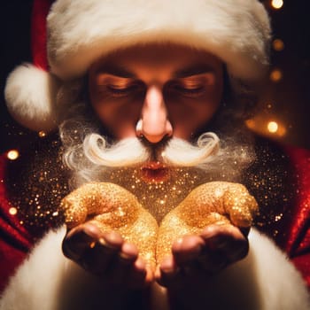 santa claus blowing magical golden glittering wishes generative ai