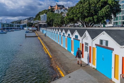 Wellington, New Zealand - 12 May 2023: Boat sheds, in a row, with their quaint blue doors, on Wellington's Oriental Bay. New Zealand.