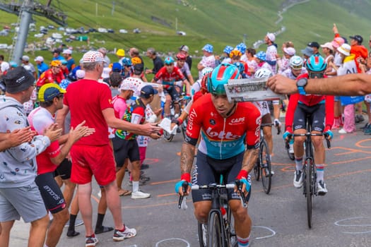 Col du Tourmalet, France - July 06 2023: Caleb Ewan climbig the road to Col du Tourmalet in Pyerenees mountains during the stage 6 of Le Tour de France 2023.