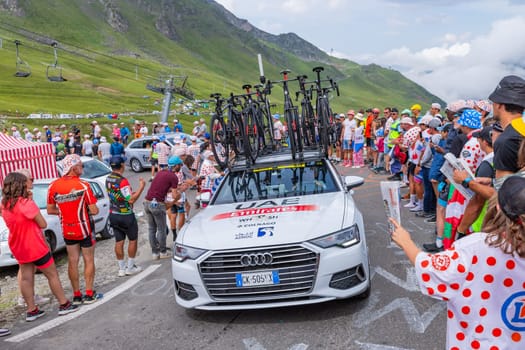 Col du Tourmalet, France - July 06 2023: Caravan car at the top of the Col du Tourmalet in Pyerenees mountains during the stage 6 of Le Tour de France 2023