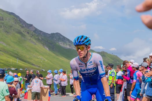 Col du Tourmalet, France - July 06 2023: Lawson Craddock climbig the road to Col du Tourmalet in Pyerenees mountains during the stage 6 of Le Tour de France 2023.