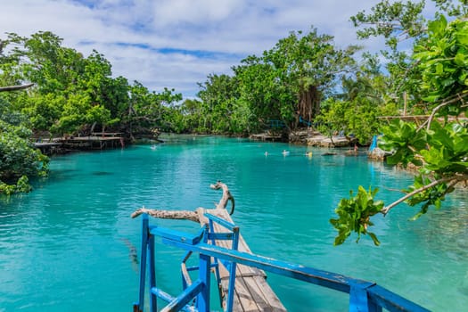 Port Vila, Vanuatu: 01 June 2023: People swimming in Blue Lagoon, a popular scenic turquoise swimming hole near Port Vila, Efate Island, Vanuatu, Melanesia