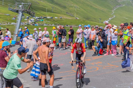 Col du Tourmalet, France - July 06 2023: Mattias Skjelmose Jensen climbig the road to Col du Tourmalet in Pyerenees mountains during the stage 6 of Le Tour de France 2023.