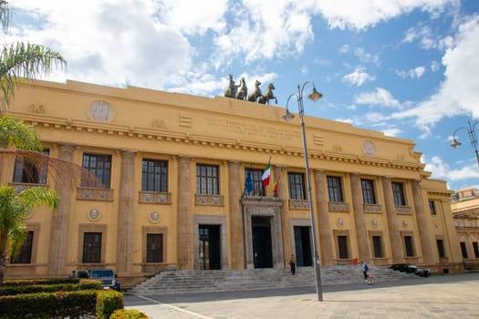 Messina, Italy, Sicily - 26 September 2023 – Messina City Hall. The square in front of the old town hall is the European Union Square (Piazza Unione Europea).