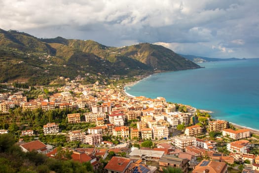 Gioiosa Marea, Sicily, Italy – 26 Sep 2023. Panoramic view of the town and the bay of Gioiosa Marea in the province of Messina.